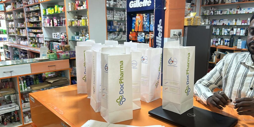 DocPharma bags on a counter in India.
